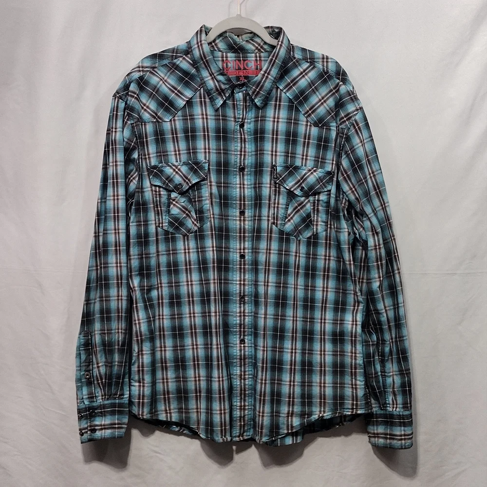 Cinch Plaid Western Shirt Men's XL Green Black Pearl Buttons Rodeo Cowboy Retro